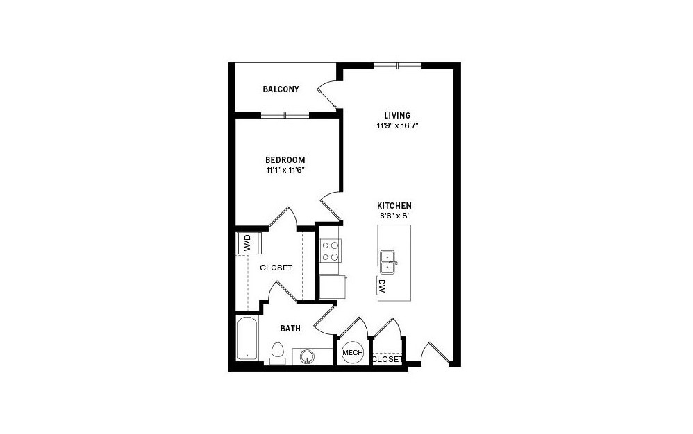 Unit A1 - 1 bedroom floorplan layout with 1 bath and 722 to 726 square feet.