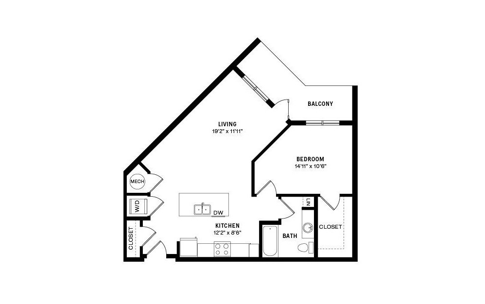 Unit A2 - 1 bedroom floorplan layout with 1 bath and 786 square feet.