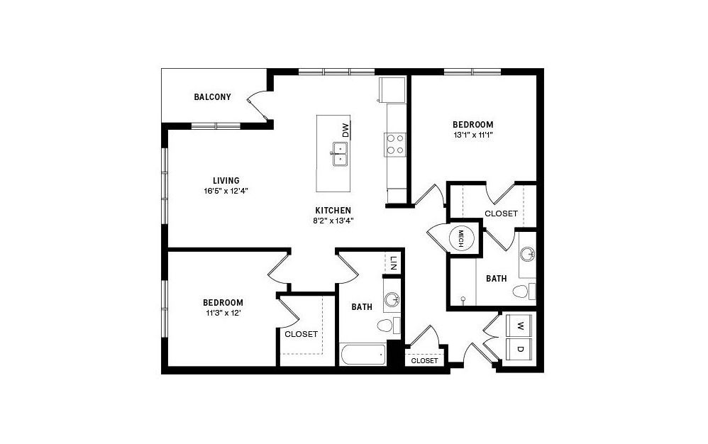 Unit B1 - 2 bedroom floorplan layout with 2 baths and 1169 square feet.