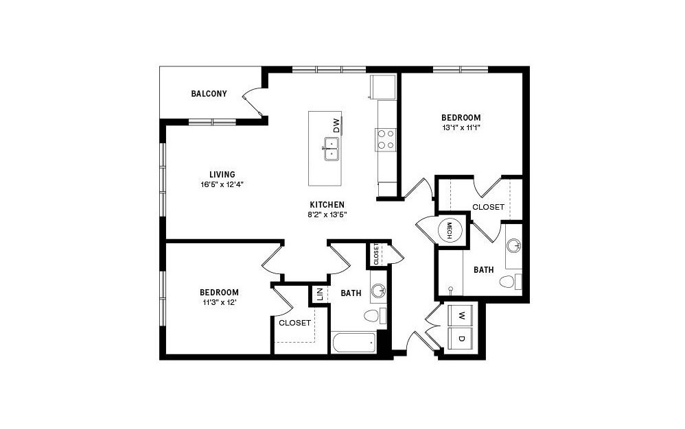 Unit B1.1 - 2 bedroom floorplan layout with 2 baths and 1142 square feet.