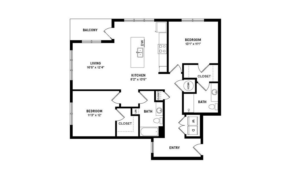 Unit B1.2 - 2 bedroom floorplan layout with 2 baths and 1216 square feet.