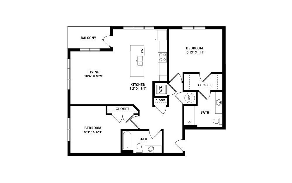 Unit B2 - 2 bedroom floorplan layout with 2 baths and 1180 square feet.