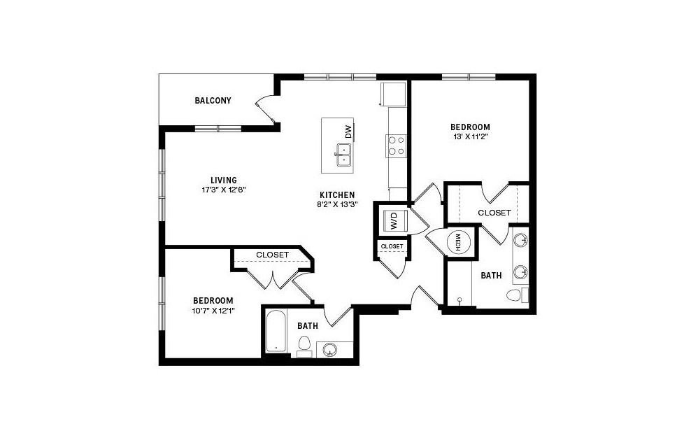 Unit B2.1 - 2 bedroom floorplan layout with 2 baths and 1120 square feet.