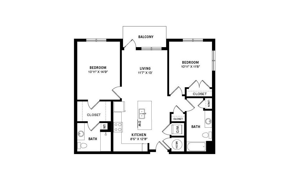 Unit B3 - 2 bedroom floorplan layout with 2 baths and 990 square feet.