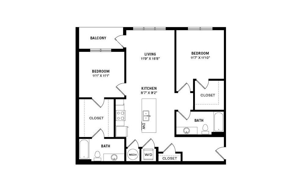 Unit B4 - 2 bedroom floorplan layout with 2 baths and 1118 square feet.