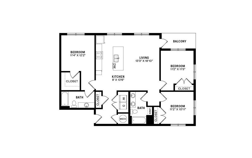 Unit C1 - 3 bedroom floorplan layout with 2 baths and 1293 to 1309 square feet.