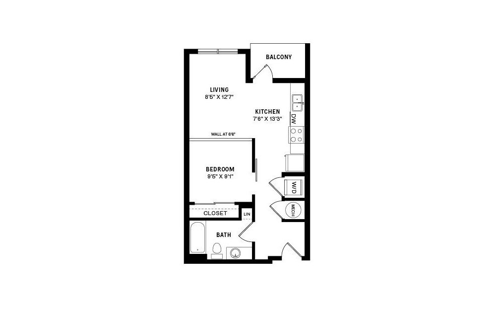 Unit S1 - Studio floorplan layout with 1 bath and 530 to 543 square feet.